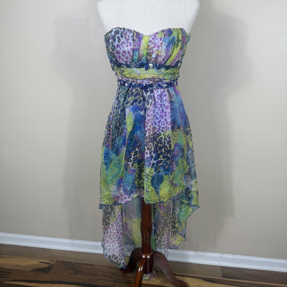 Deb Y2K Strapless High Low Dress 3/4 Multicolor Animal Print Beaded Formal